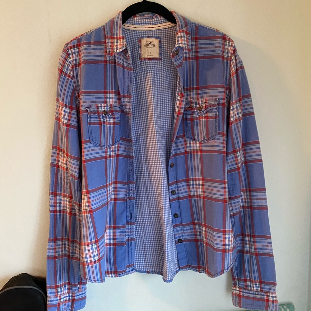 Hollister blue and red Flannel button down